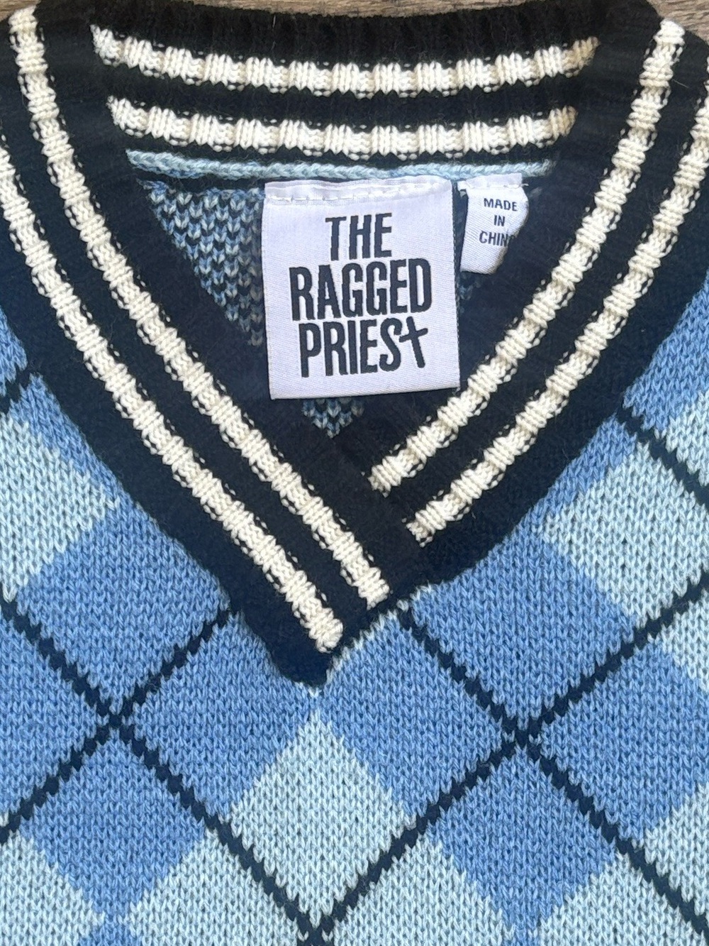 The Ragged Priest Blue Black & White Argyle Cropped V-Neck Knit Sweater Vest - Picture 5 of 5